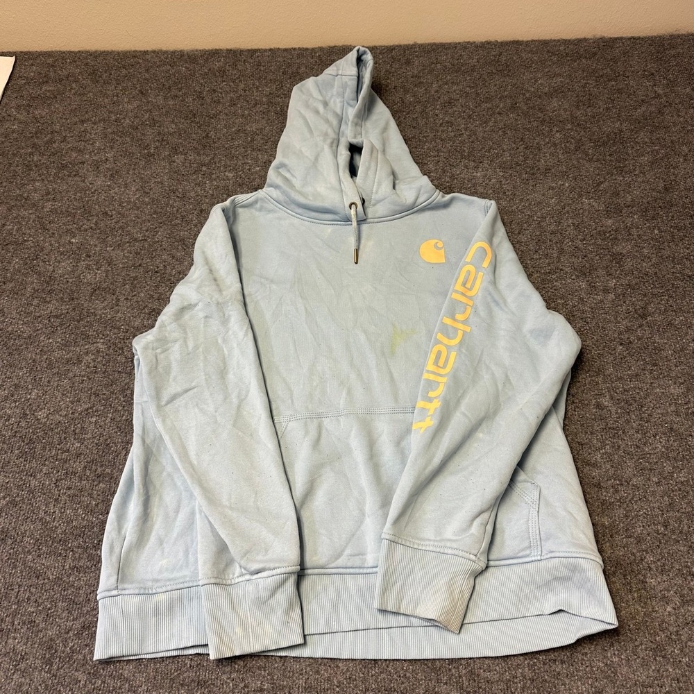 Carhartt Hoodie Womens Size XL Blue Relaxed Fit Logo Sleeve Pullover Stain